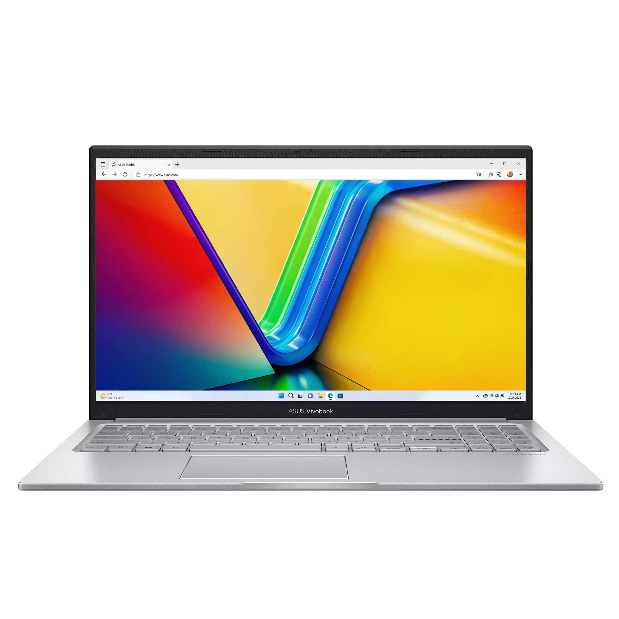 Gümüş ASUS Vivobook dizüstü bilgisayar açık, ekranda renkli soyut tasarım ve tarayıcı penceresi gösteriyor.