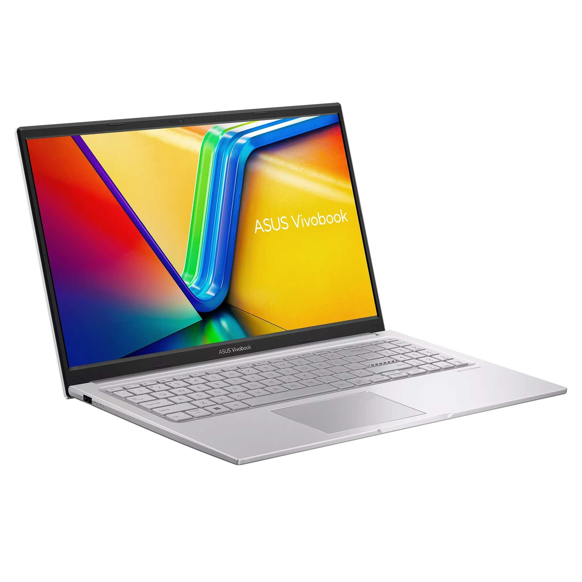 Beyaz zemin üzerinde gümüş renkli ASUS Vivobook dizüstü bilgisayar. Ekranda renkli soyut tasarım ve marka adı görülüyor.
