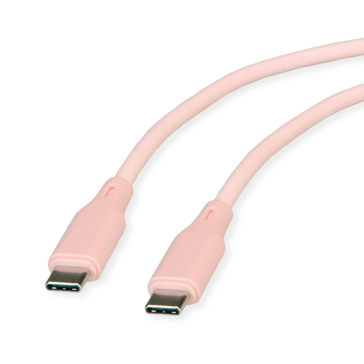 Deux câbles USB-C roses sur fond blanc. Chaque câble a un connecteur à l'extrémité. L'image est bien éclairée et claire.