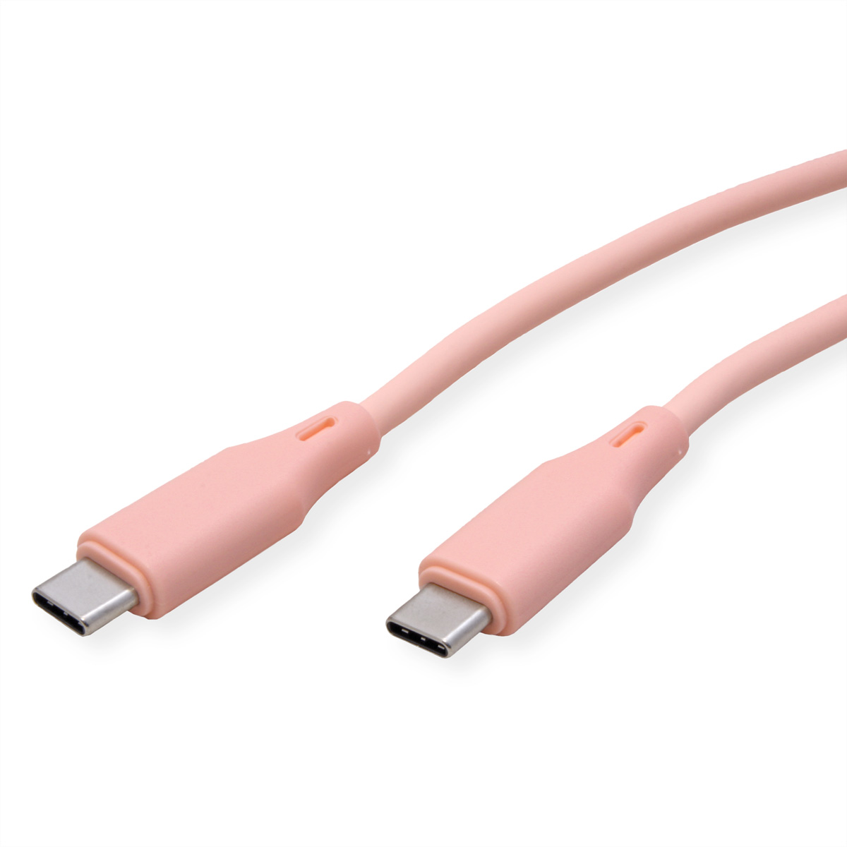 Deux câbles USB-C roses sur fond blanc. Chaque câble a un connecteur argenté.