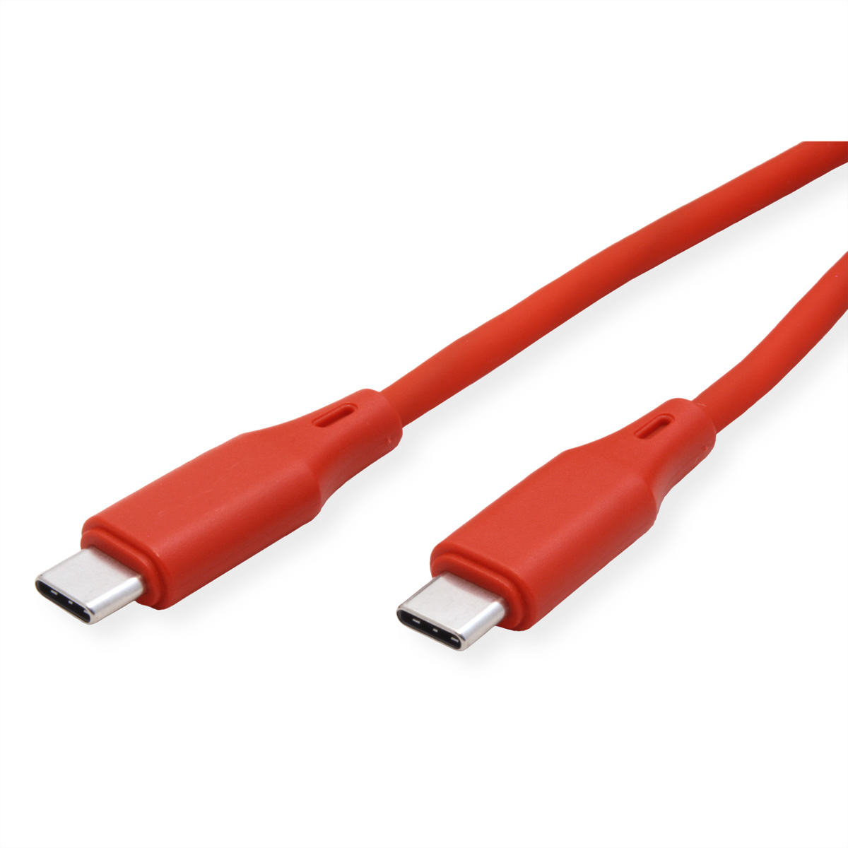 Dos cables USB-C rojos sobre un fondo blanco. Cada cable tiene un conector plateado.