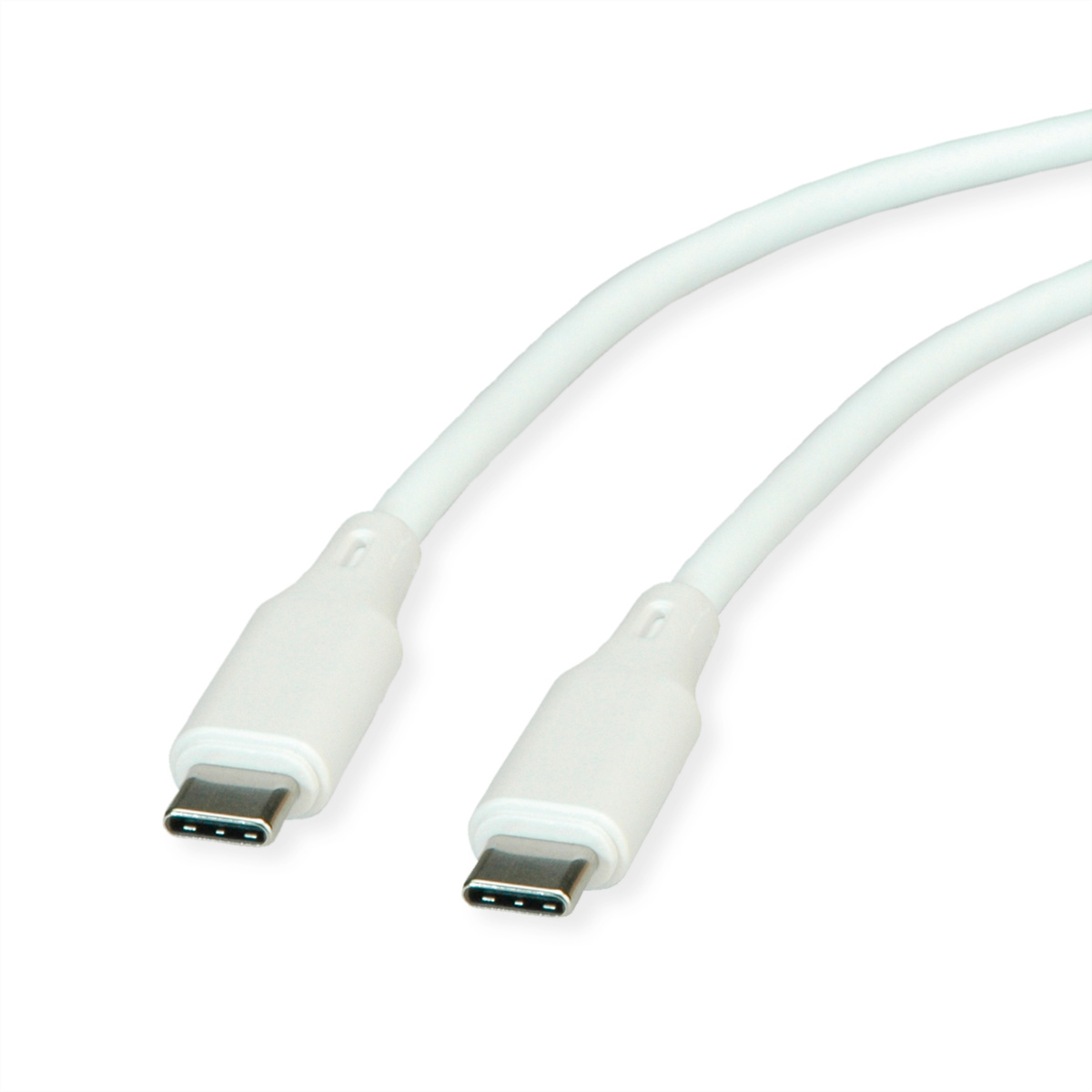 Deux câbles USB-C blancs, inclinés sur fond blanc. Chaque câble a un connecteur rectangulaire avec de petites broches argentées.