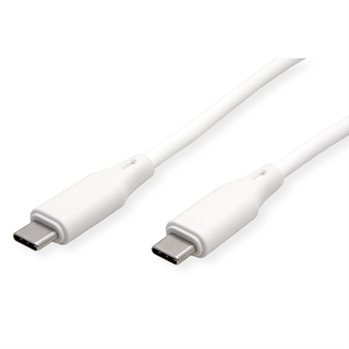 Deux câbles USB-C blancs sur fond blanc. Chaque câble a un connecteur USB-C à l'extrémité. Les câbles sont inclinés.