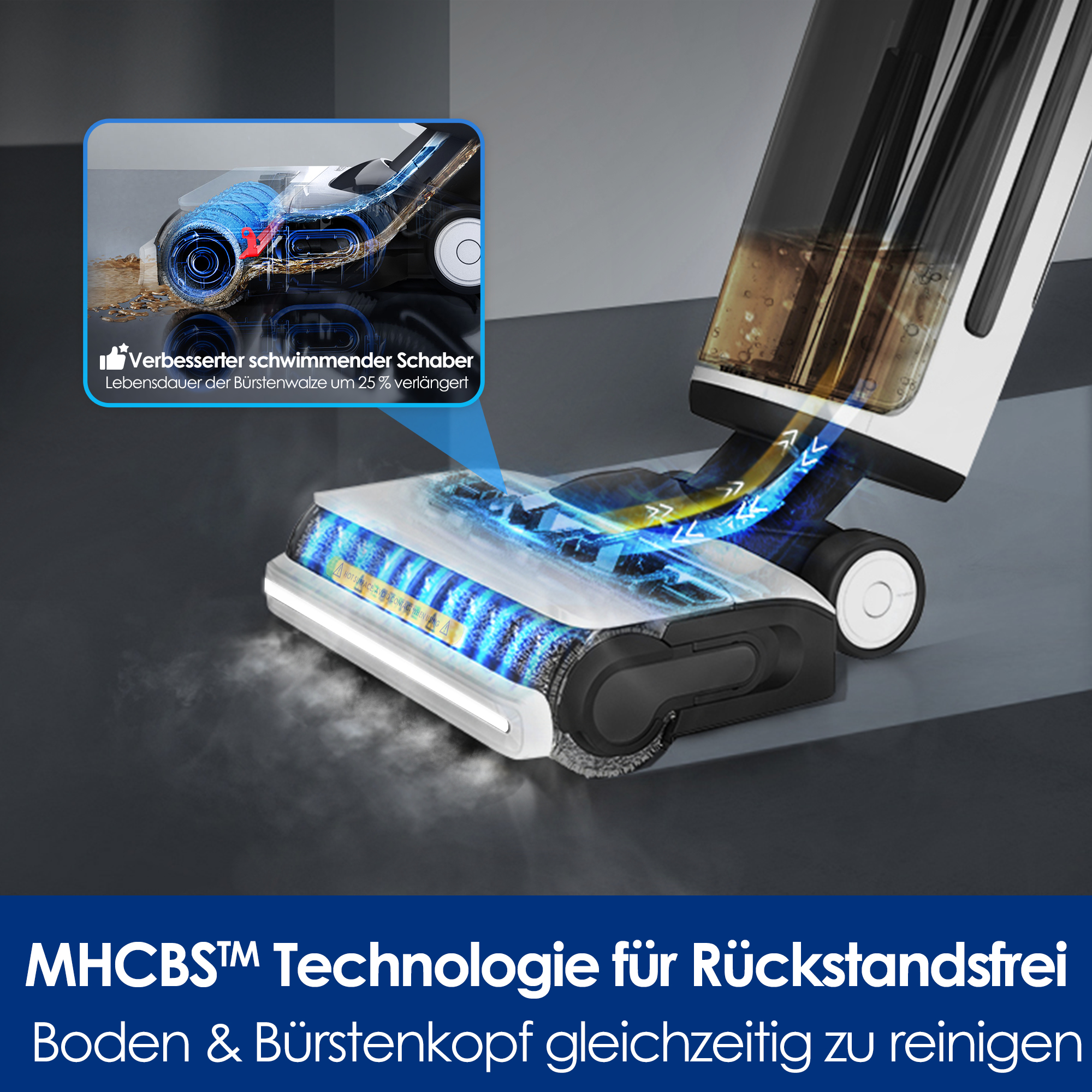 Ein weißer und schwarzer Staubsauger mit blauem Reinigungskopf. Das Bild zeigt den Reinigungsprozess und die Technologie.