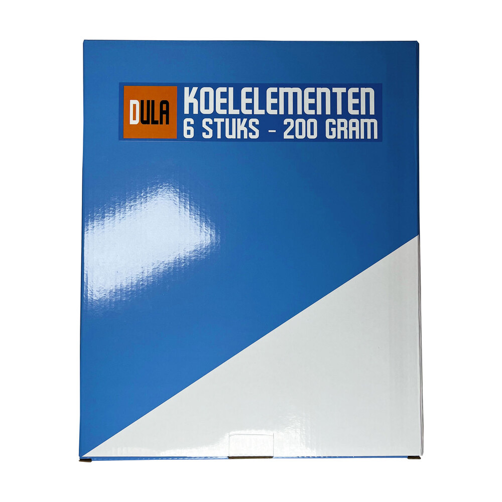 A blue and white box. The box has text that reads, "KOELELEMENTEN 6 STUKS - 200 GRAM" and "DULA" in the top left corner.