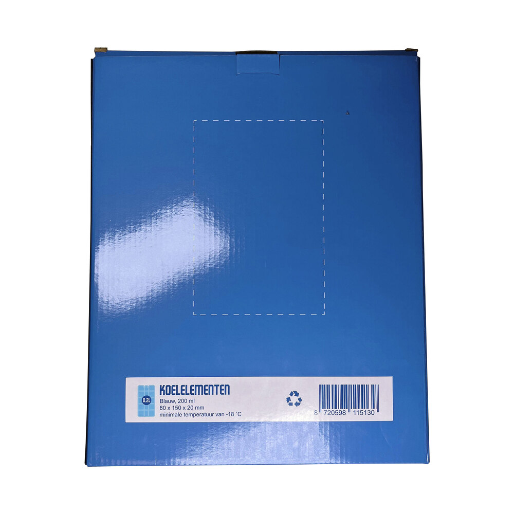 Blue box with text and dashed rectangle. Text includes 'KOELELEMENTEN', specifications, and a barcode.
