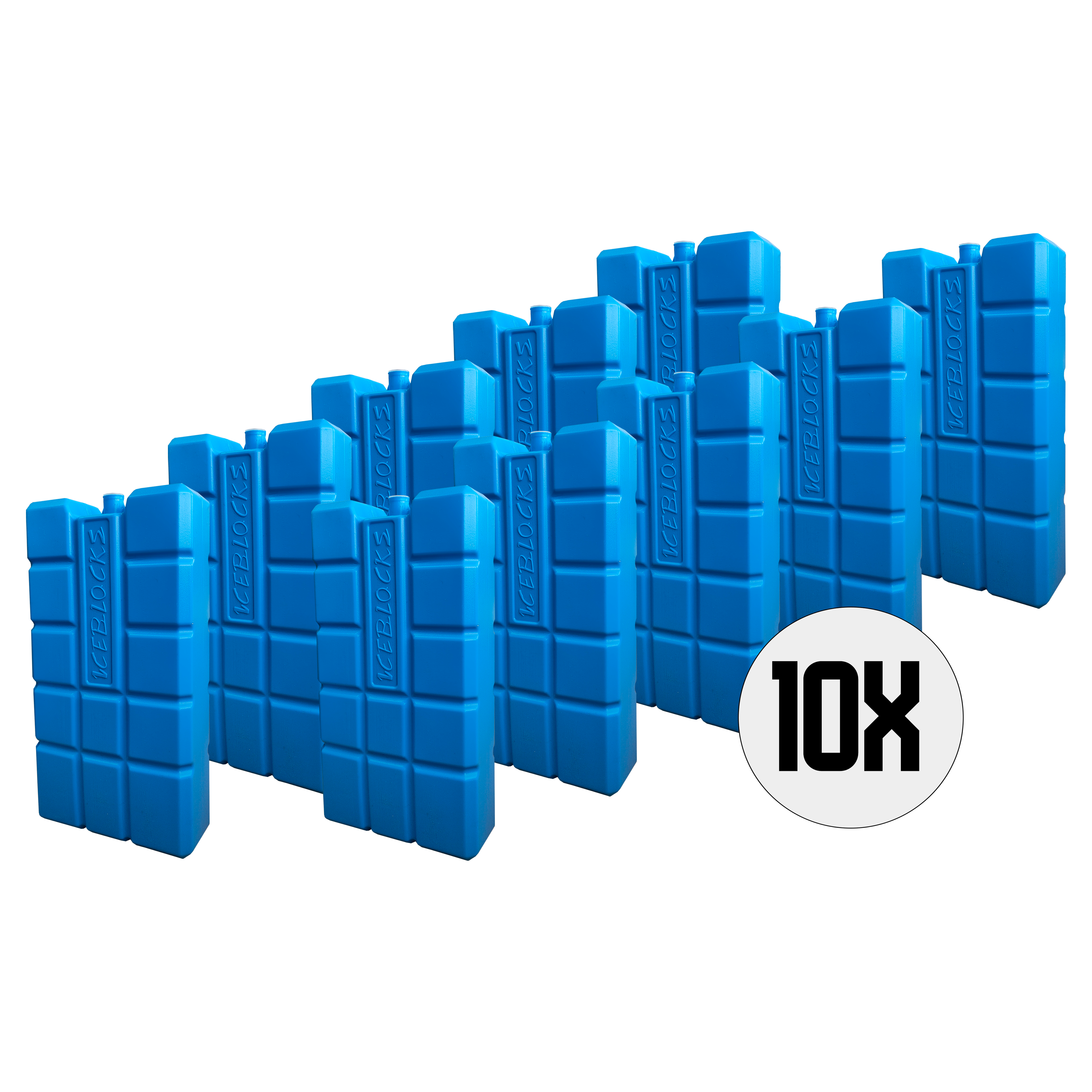 Blauwe koelelementen op zwarte achtergrond. Een witte cirkel toont '10X'. Elk element heeft 'ICEBLOCKS'.