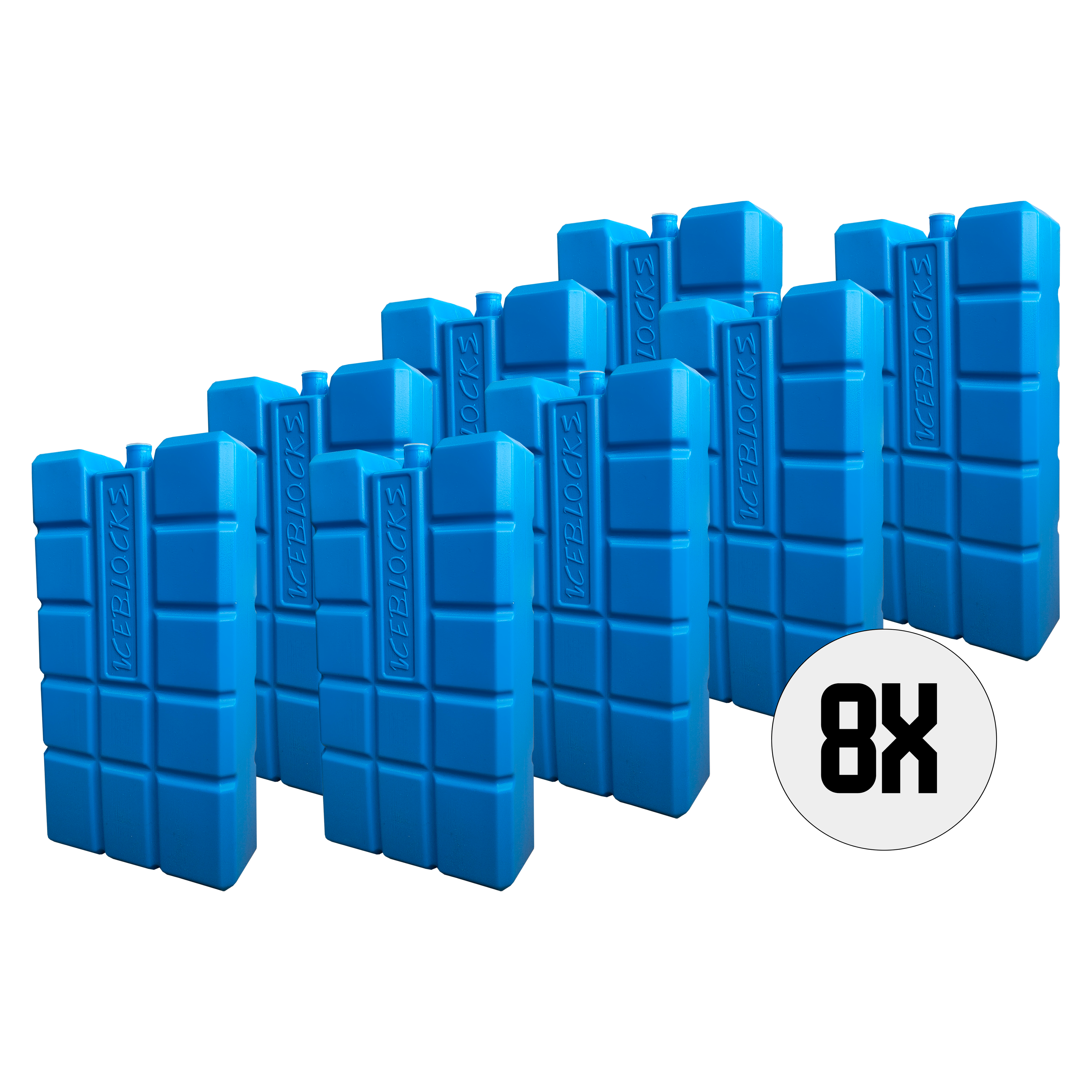 Blauwe koelelementen op zwarte achtergrond. Een witte cirkel toont de hoeveelheid, 8x.