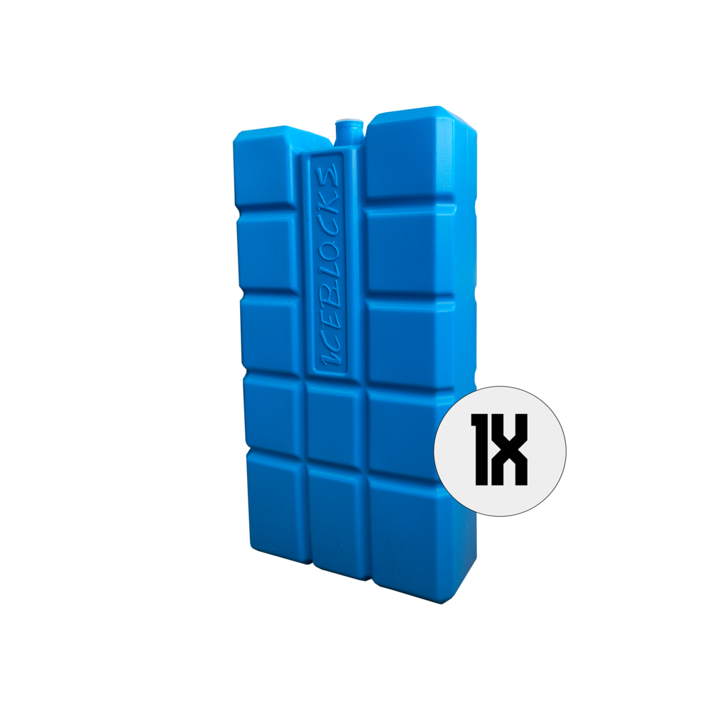 Een blauwe icepack met de tekst 'ICEBLOCKS'. Een witte cirkel met '1X' staat rechts.