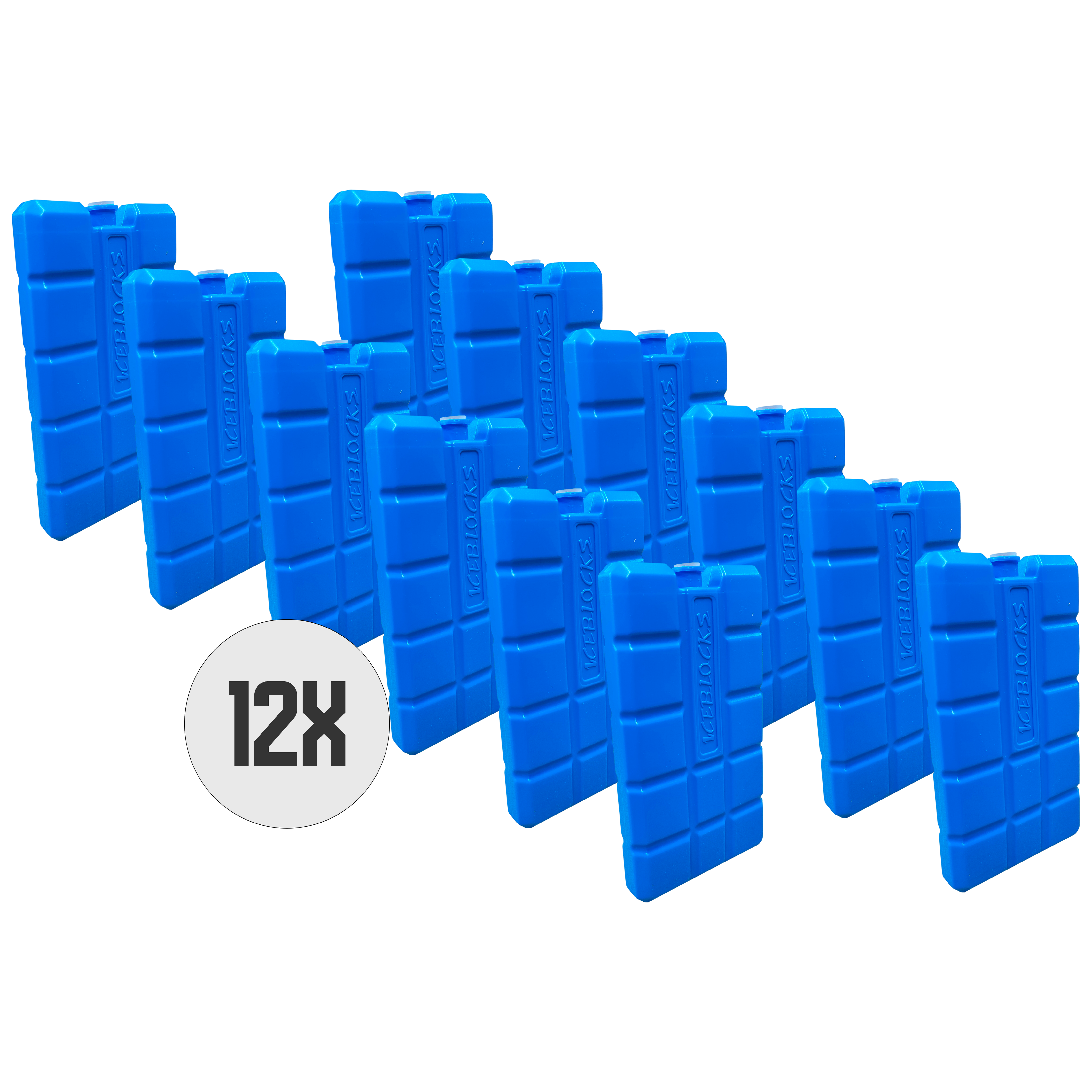 Twaalf blauwe icepacks, met 'ICEBLOCKS' erop, op een zwarte achtergrond, met een witte '12X' cirkel.
