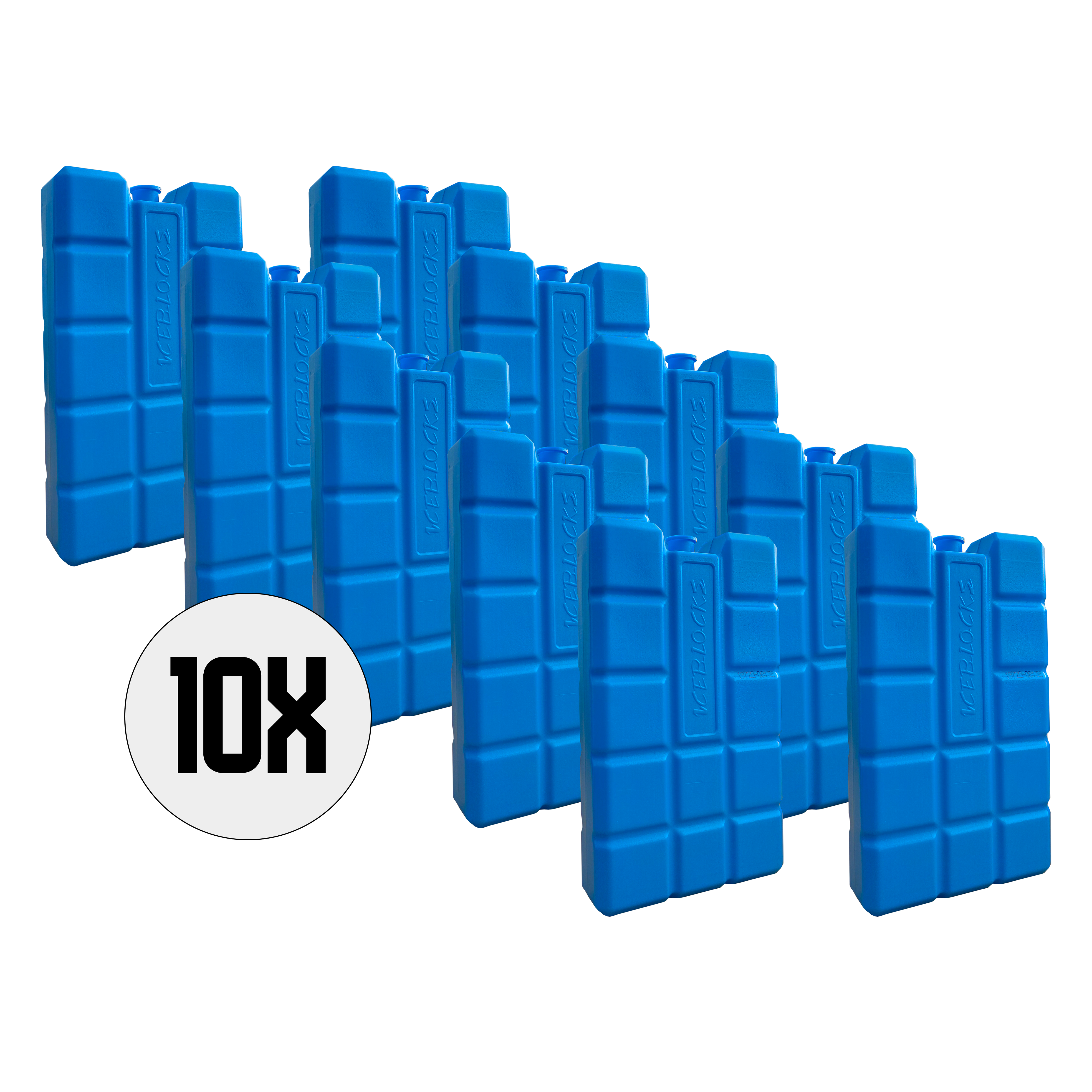 Tien blauwe koelelementen, met 'ICE.LOCKS' op een zwarte achtergrond. Een witte cirkel zegt '10X'.