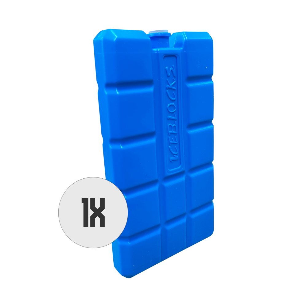 Een blauw rechthoekig icepack met "ICEBLOCKS" en een witte cirkel met "1X" op een zwarte achtergrond.