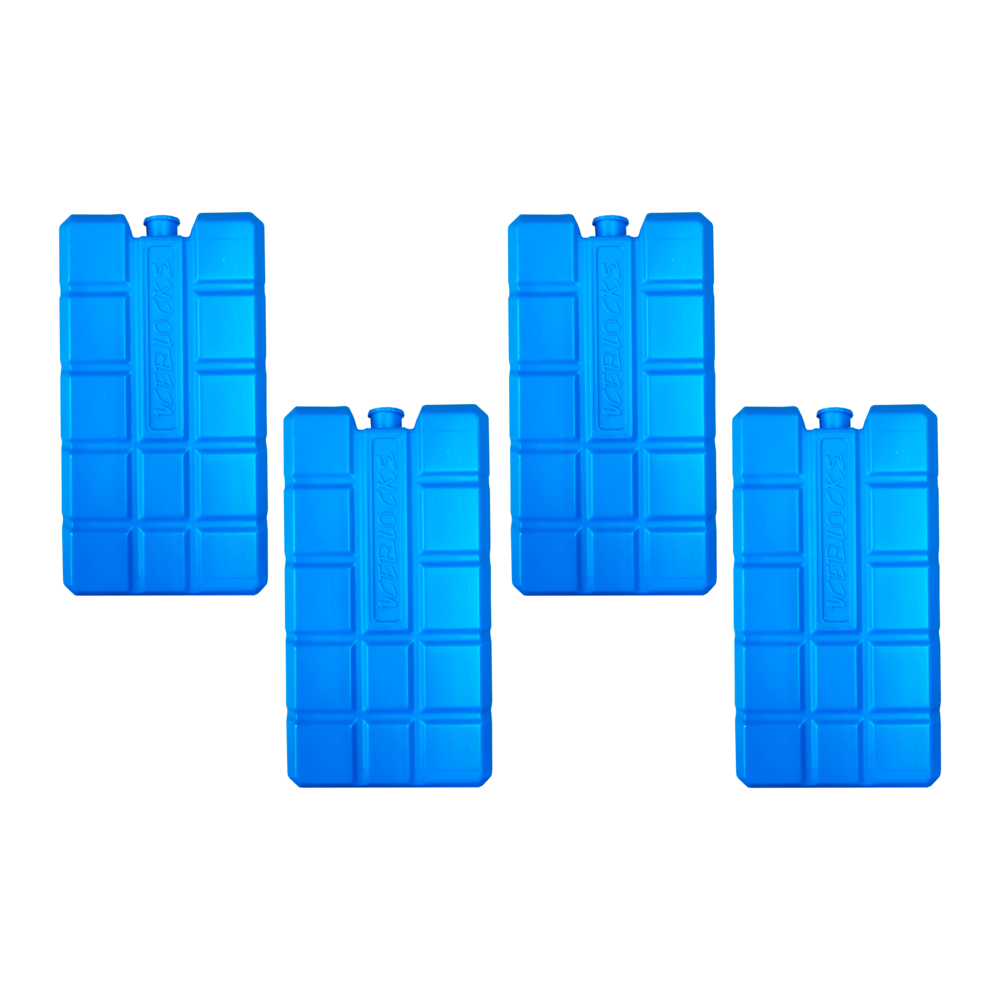 Four blue ice packs on a black background. Each pack has the word 'iceblocks' on it.