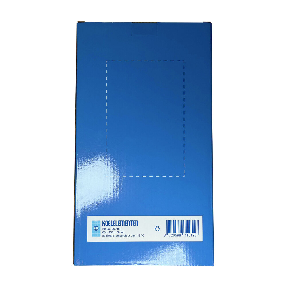 A blue package with white dotted lines and text that says 'KOELELEMENTEN' and product details in Dutch.