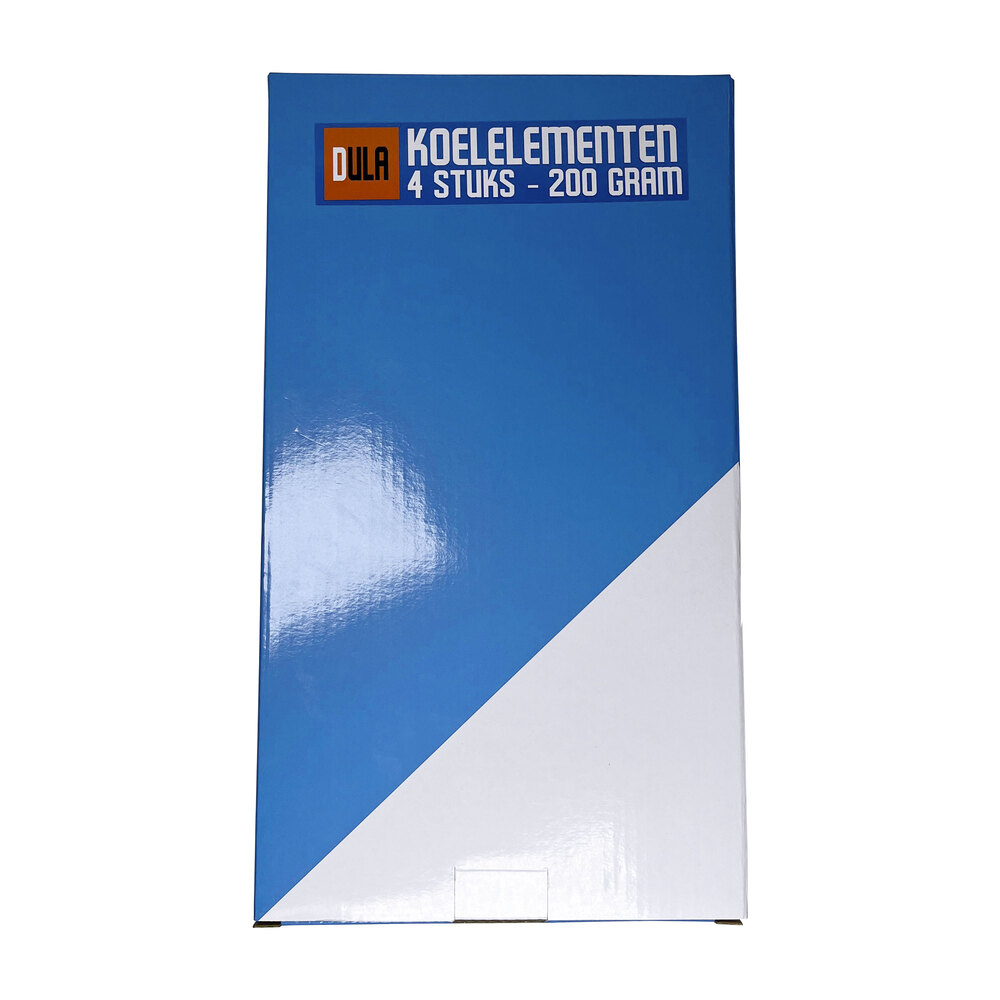 A rectangular box with a blue and white diagonal design. Text on top says 'KOELELEMENTEN 4 STUKS - 200 GRAM' with a DULA logo.