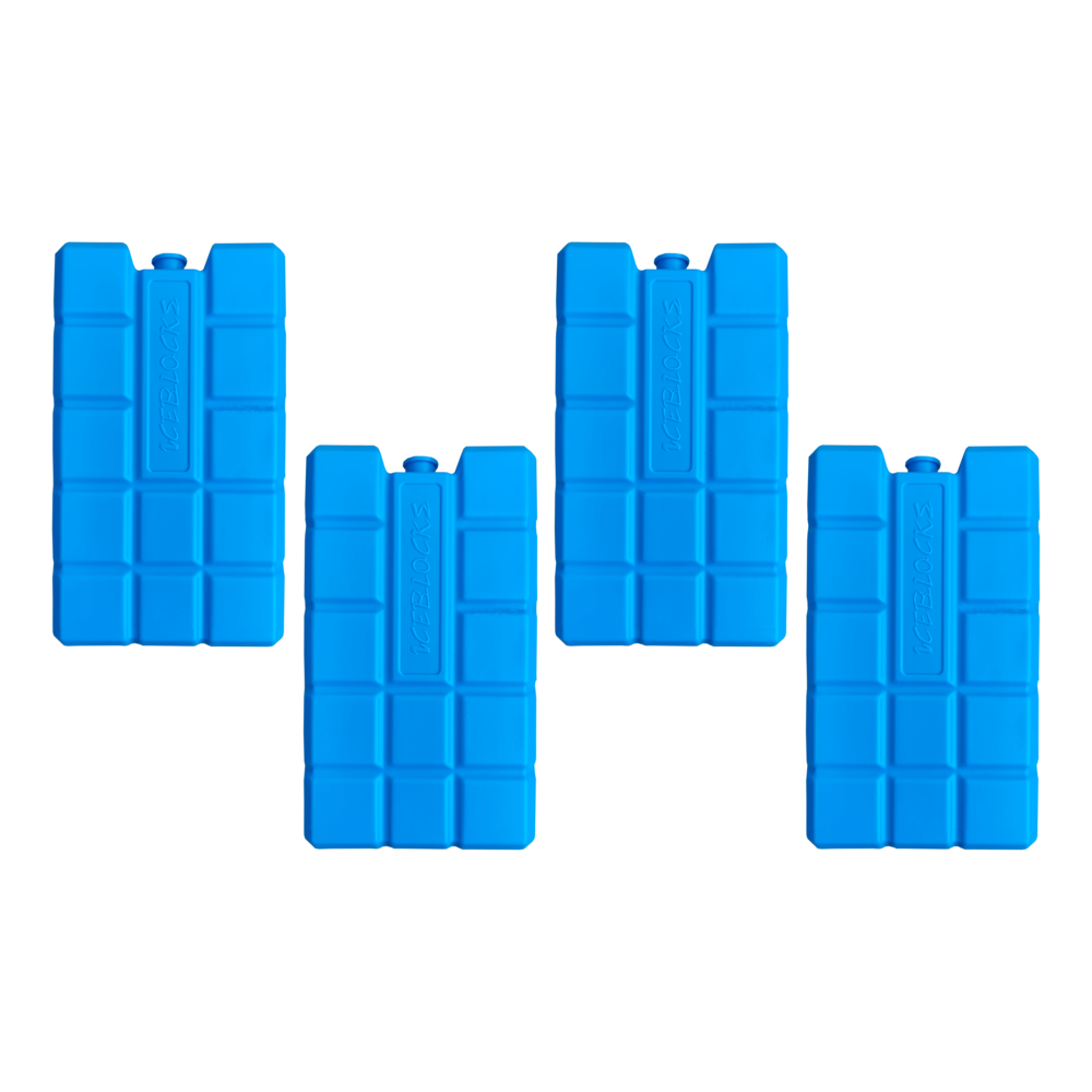 Four blue ice packs on a black background. Each pack has a grid pattern and the word 'ICEBLOCKS' printed on it.