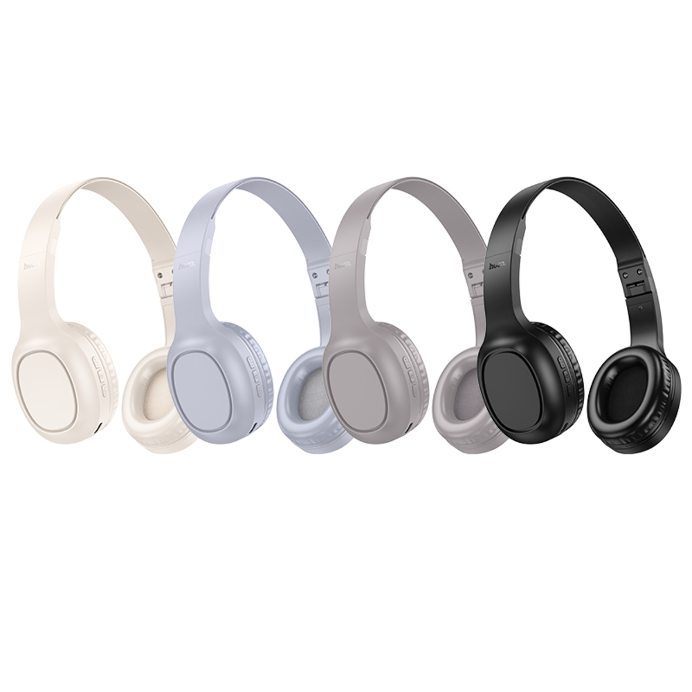 Cinque cuffie wireless beige, azzurro chiaro, grigio e nero, disposte in fila su sfondo bianco.