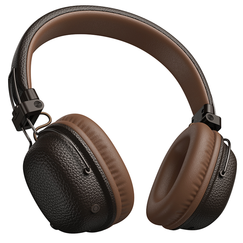Cuffie in pelle marrone e nera con fascia e padiglioni imbottiti. Le cuffie sono isolate su sfondo bianco.
