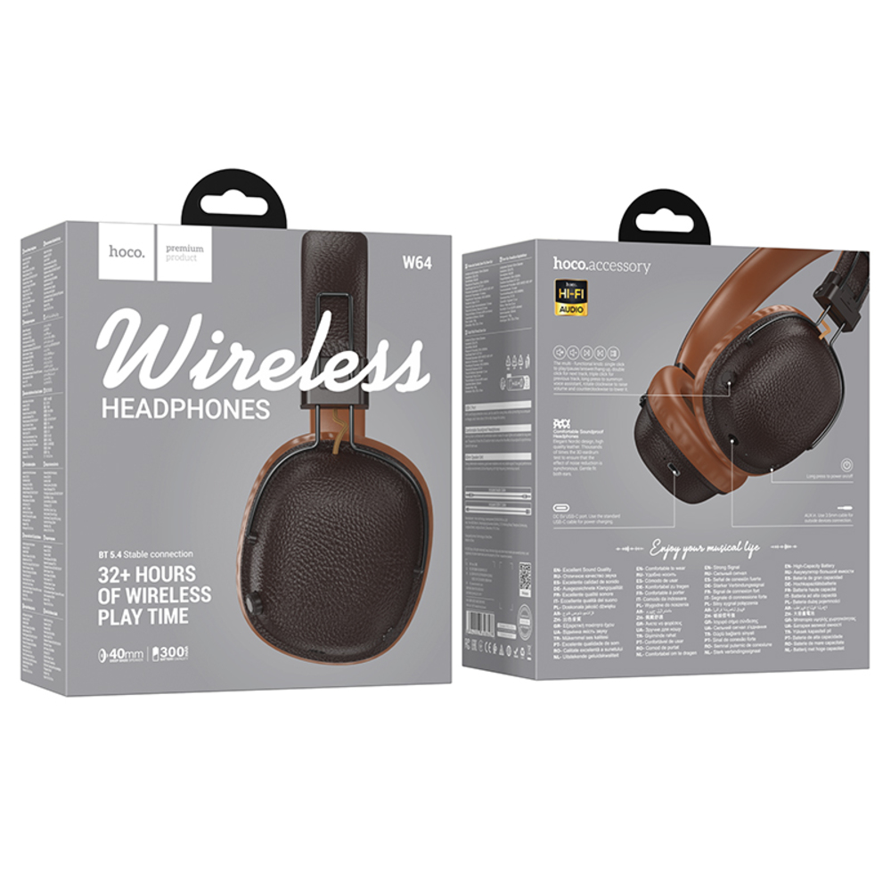 Scatola di cuffie con cuffie wireless. Colori marrone e nero. Marchio hoco. e testo 'Wireless Headphones'.