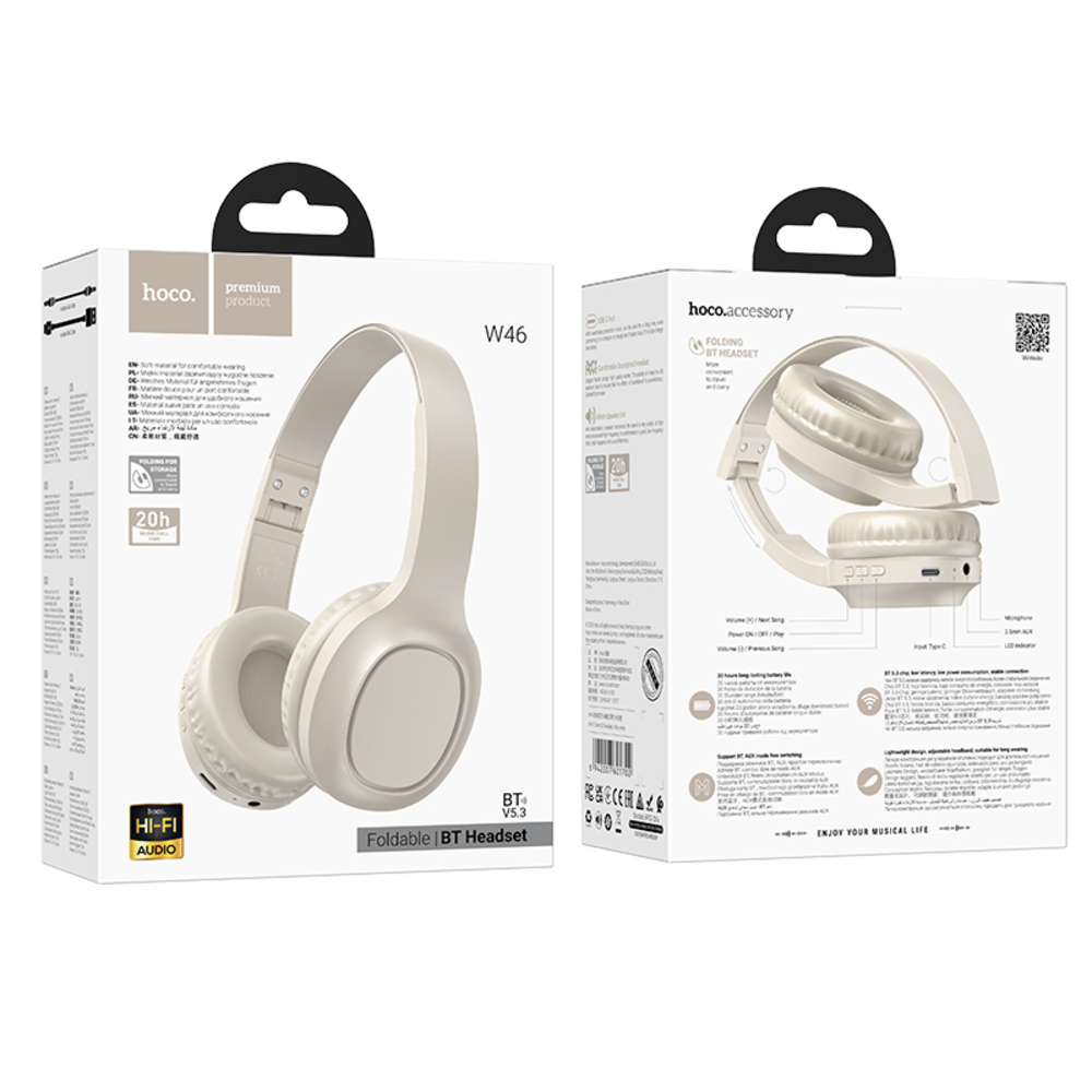 L'immagine mostra una scatola e un'auricolare. L'auricolare è beige e pieghevole. La scatola ha del testo e il marchio è Hoco.