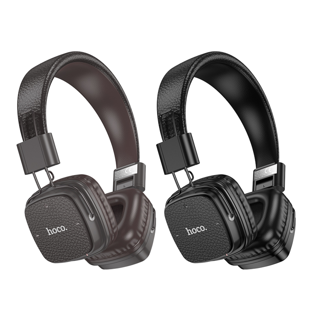 Dos auriculares inalámbricos, uno marrón y otro negro. Ambos tienen la marca 'hoco.'. El fondo es blanco.