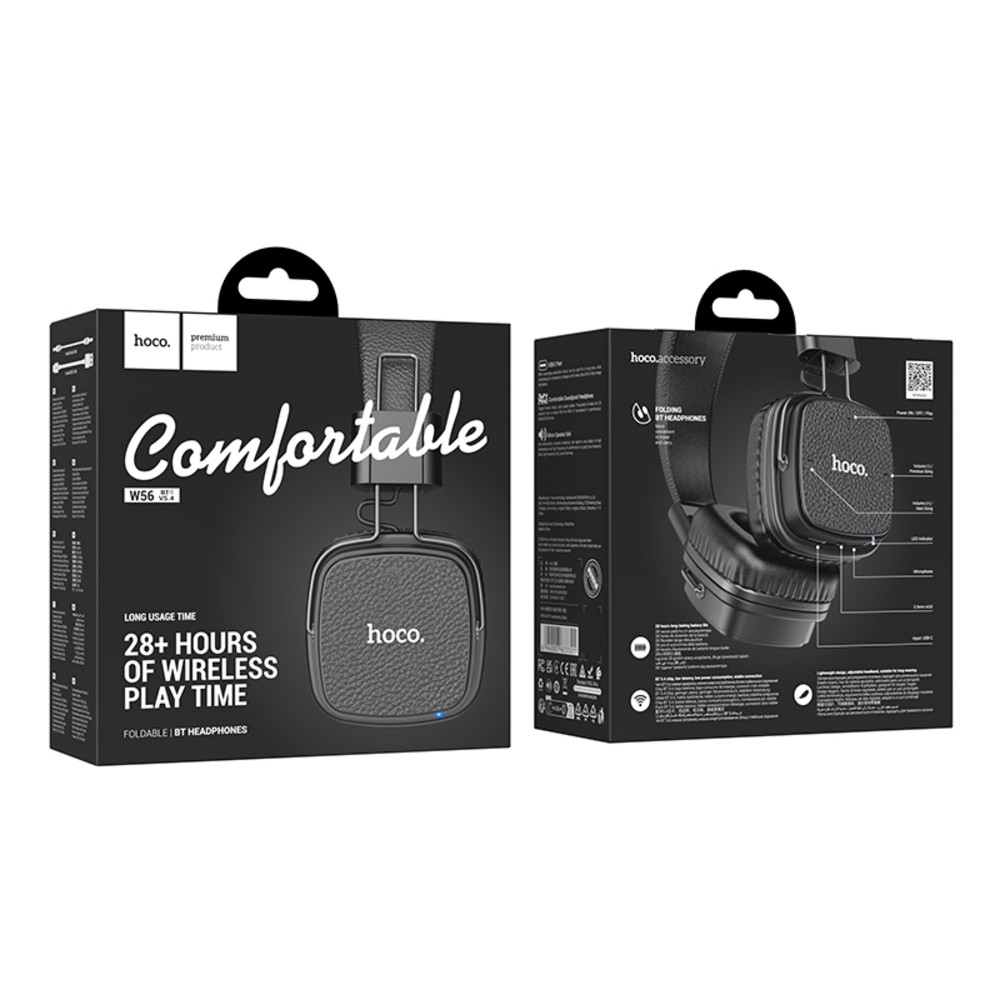 Se muestran dos cajas negras con auriculares. Una caja dice 'Cómodo' y 'más de 28 horas de reproducción inalámbrica'. La otra muestra auriculares.