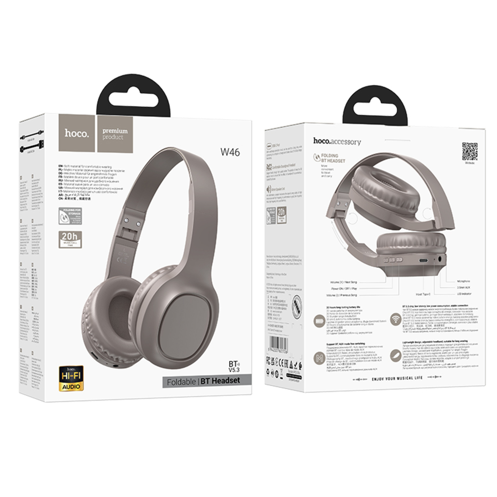 Cuffie grigie in scatola. Il testo sulla scatola dice 'Foldable BT Headset' e 'hoco.'.