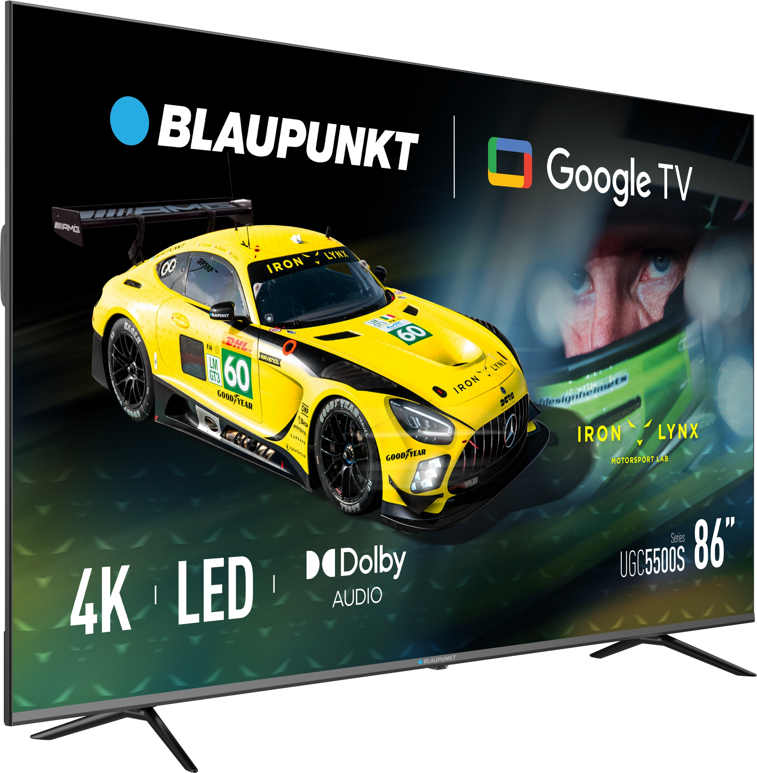 Ekran telewizora z żółtym samochodem wyścigowym, logo Google TV i marką Blaupunkt. Widoczne 4K LED i Dolby Audio.