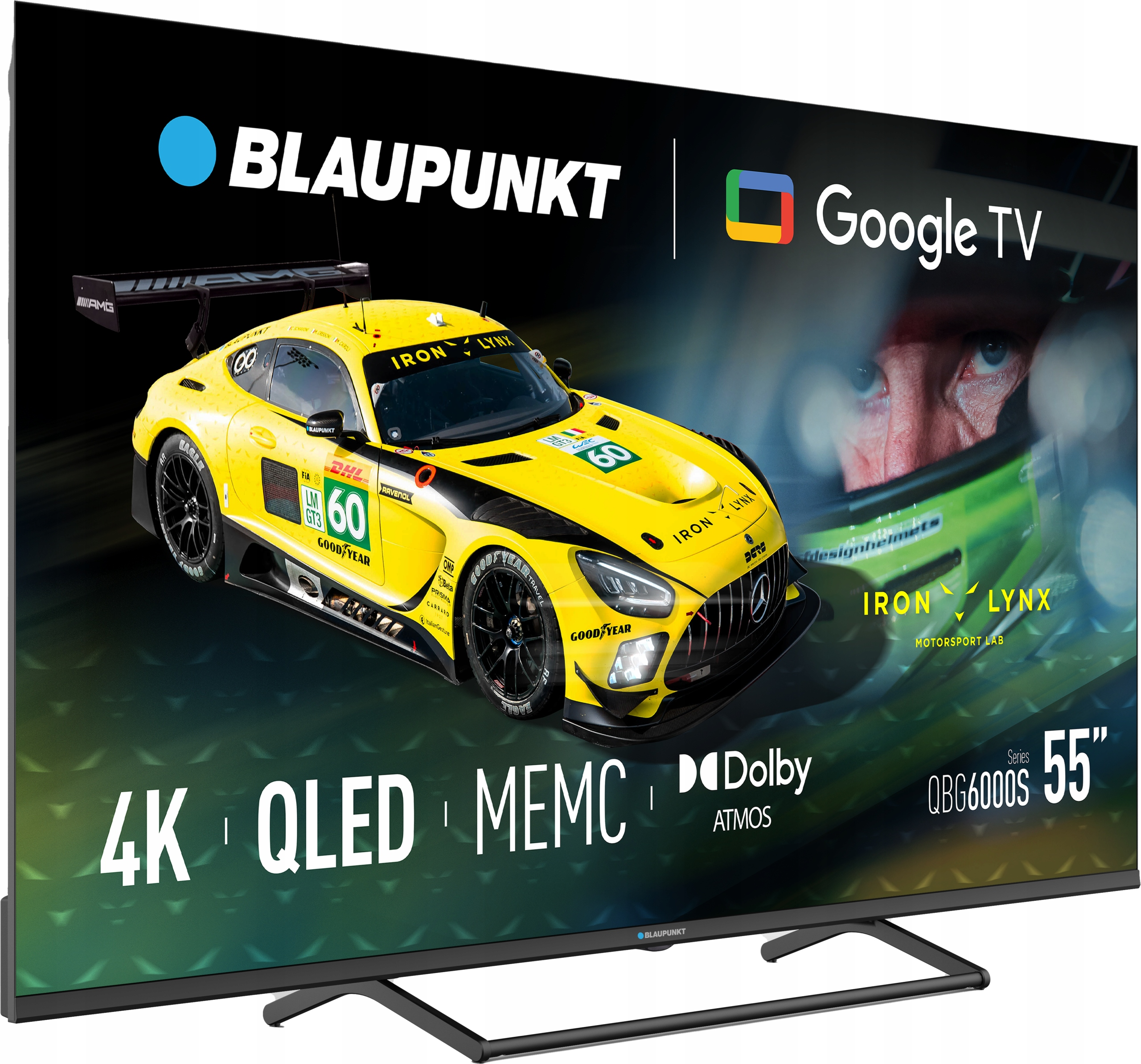 Telewizor wyświetla żółty samochód wyścigowy z numerem '60' i logo Google TV. Telewizor to Blaupunkt 55 cali.