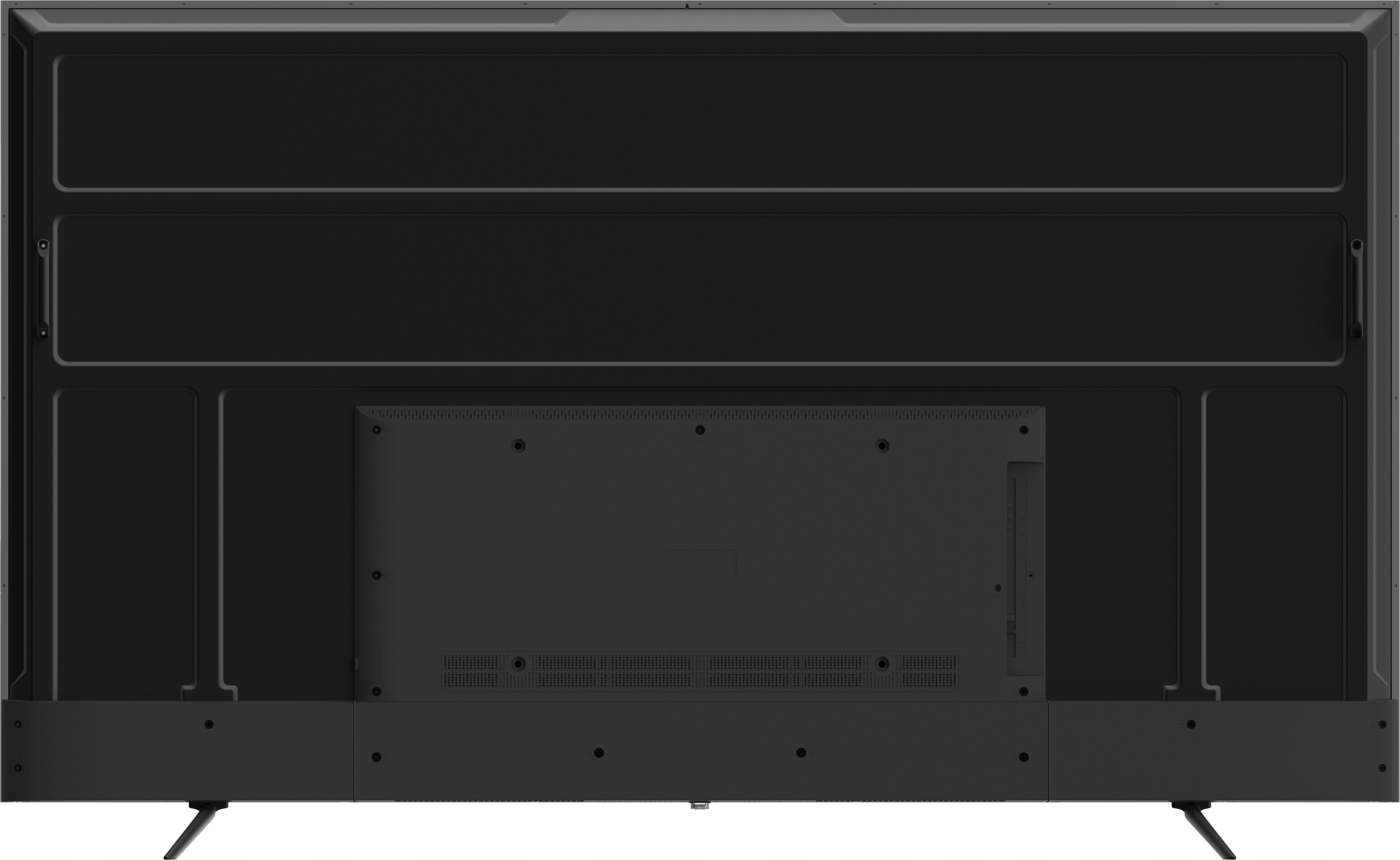 Widok z tyłu czarnego telewizora. Ma prostokątny kształt ze stojakiem i otworami wentylacyjnymi.