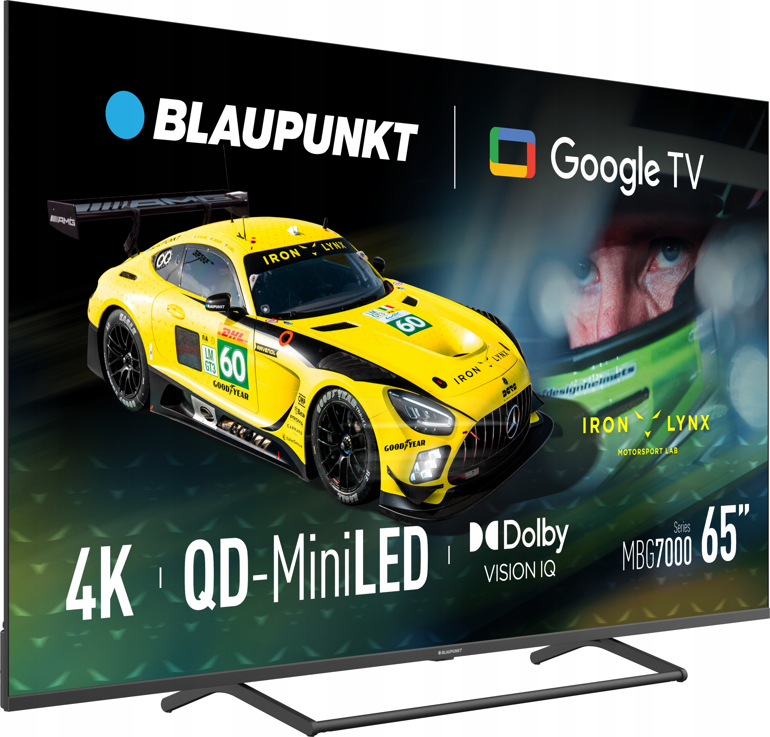 Un'auto da corsa gialla con dettagli neri su uno schermo TV. Lo schermo mostra i loghi Blaupunkt e Google TV.