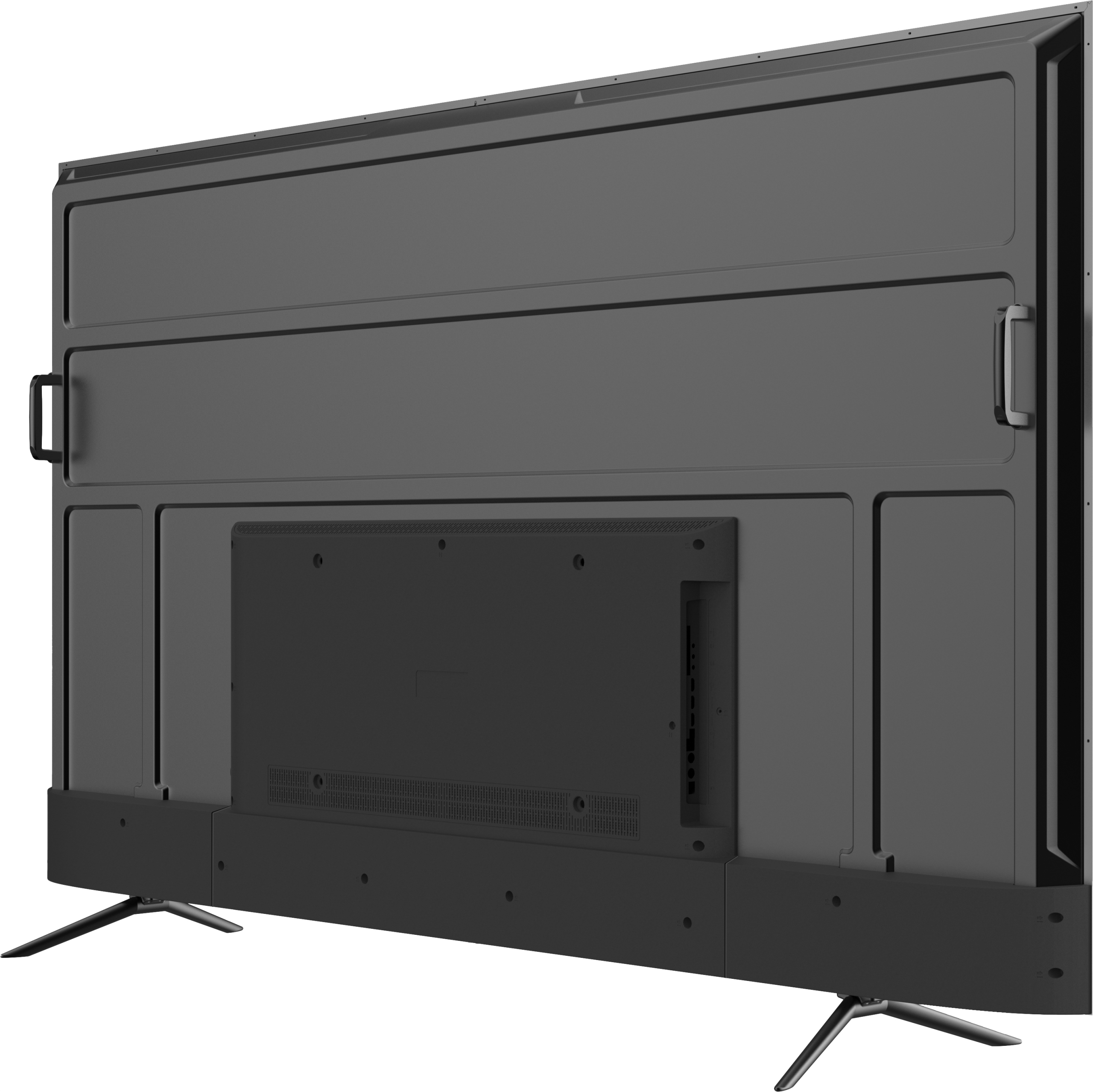 Widok z tyłu ciemnoszarego telewizora. Pokazuje tylny panel z portami, uchwytem i stojakiem.