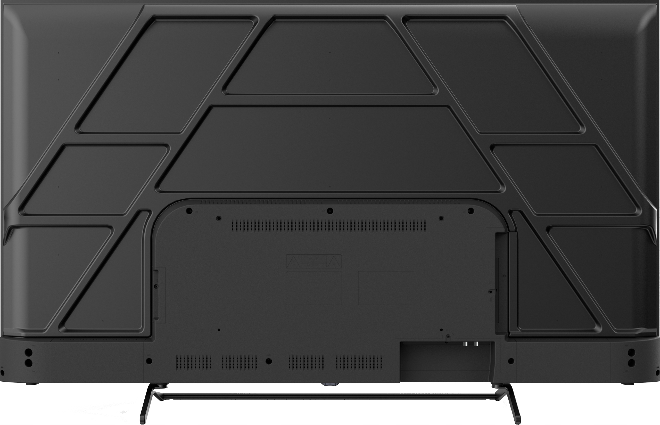 Widok z tyłu czarnego telewizora. Ma geometryczny wzór z tyłu. Stojak jest metalowy i czarny.