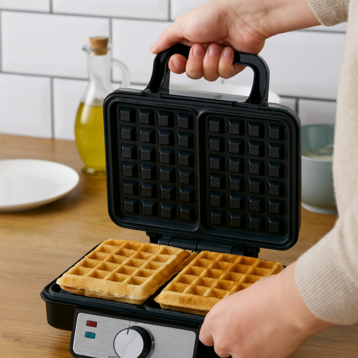 A person opening a waffle iron with two golden-brown waffles inside. A bottle of oil and a plate are in the background.