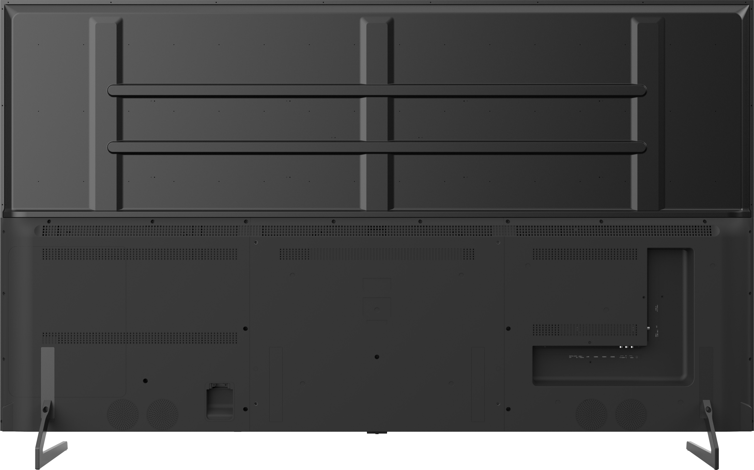 Widok z tyłu dużego, czarnego telewizora. Ma otwory wentylacyjne, porty i dwie metalowe nóżki.