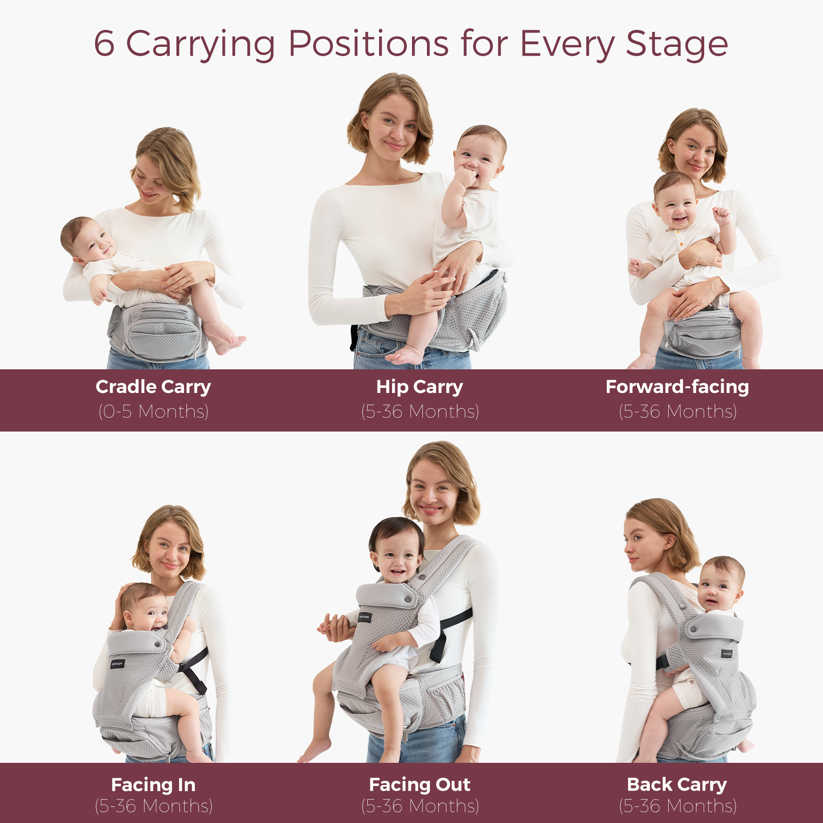 Image shows 6 baby carrying positions with a woman and baby: cradle, hip, forward-facing, facing in, facing out, and back carry.