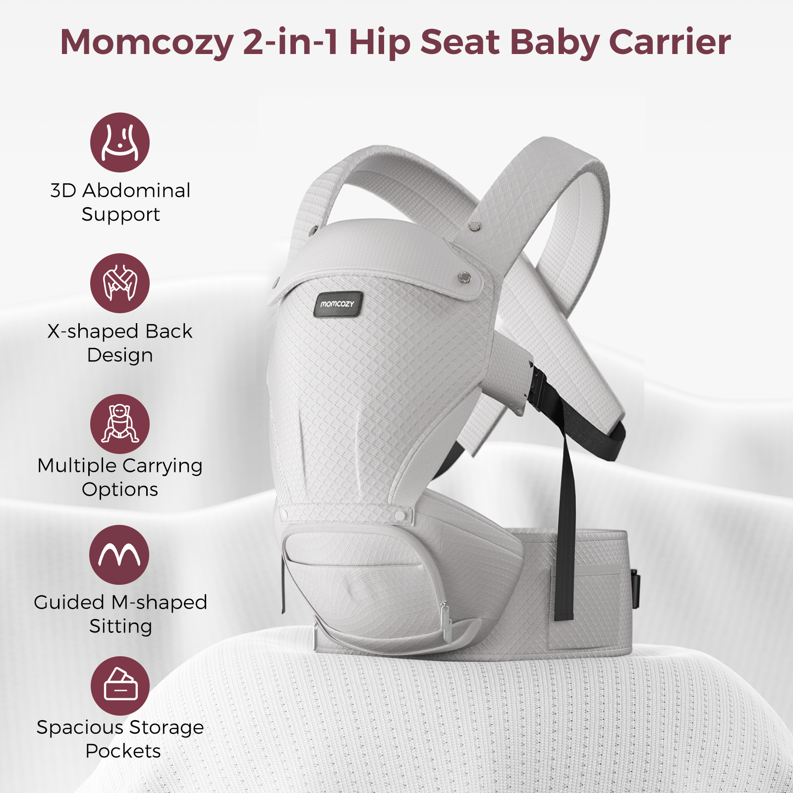 A gray Momcozy baby carrier with multiple features like 3D abdominal support and spacious pockets, on a white background.