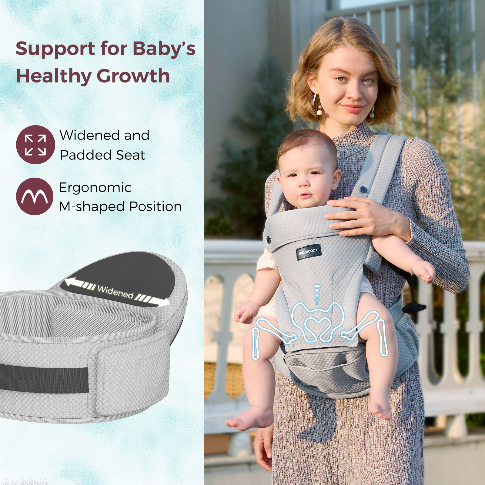 A woman holds a baby in a gray carrier. The image includes text about the carrier's features.