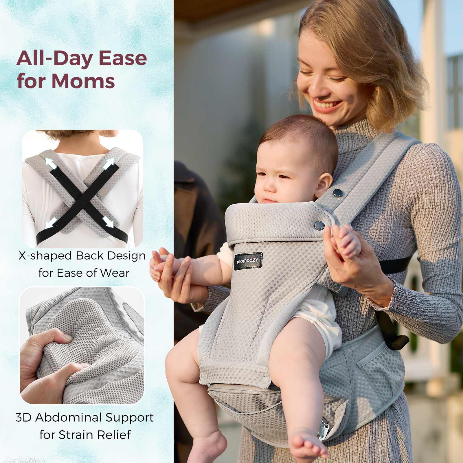 A woman holds a baby in a gray baby carrier. The carrier has the brand name momcozy. Text says 'All-Day Ease for Moms'.