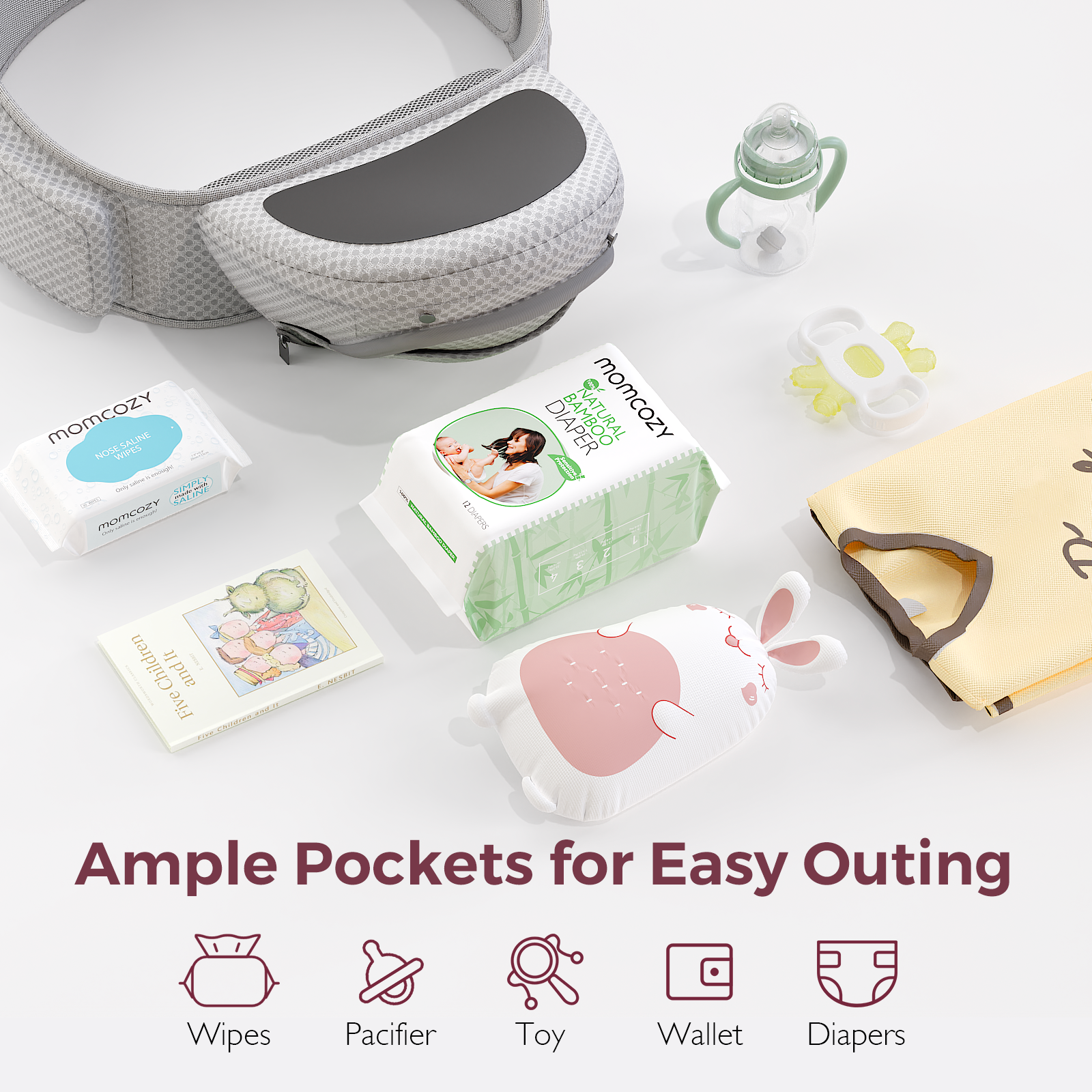 Image shows baby items: diaper bag, wipes, diapers, book, toys, and bottle. Text: Ample Pockets for Easy Outing.