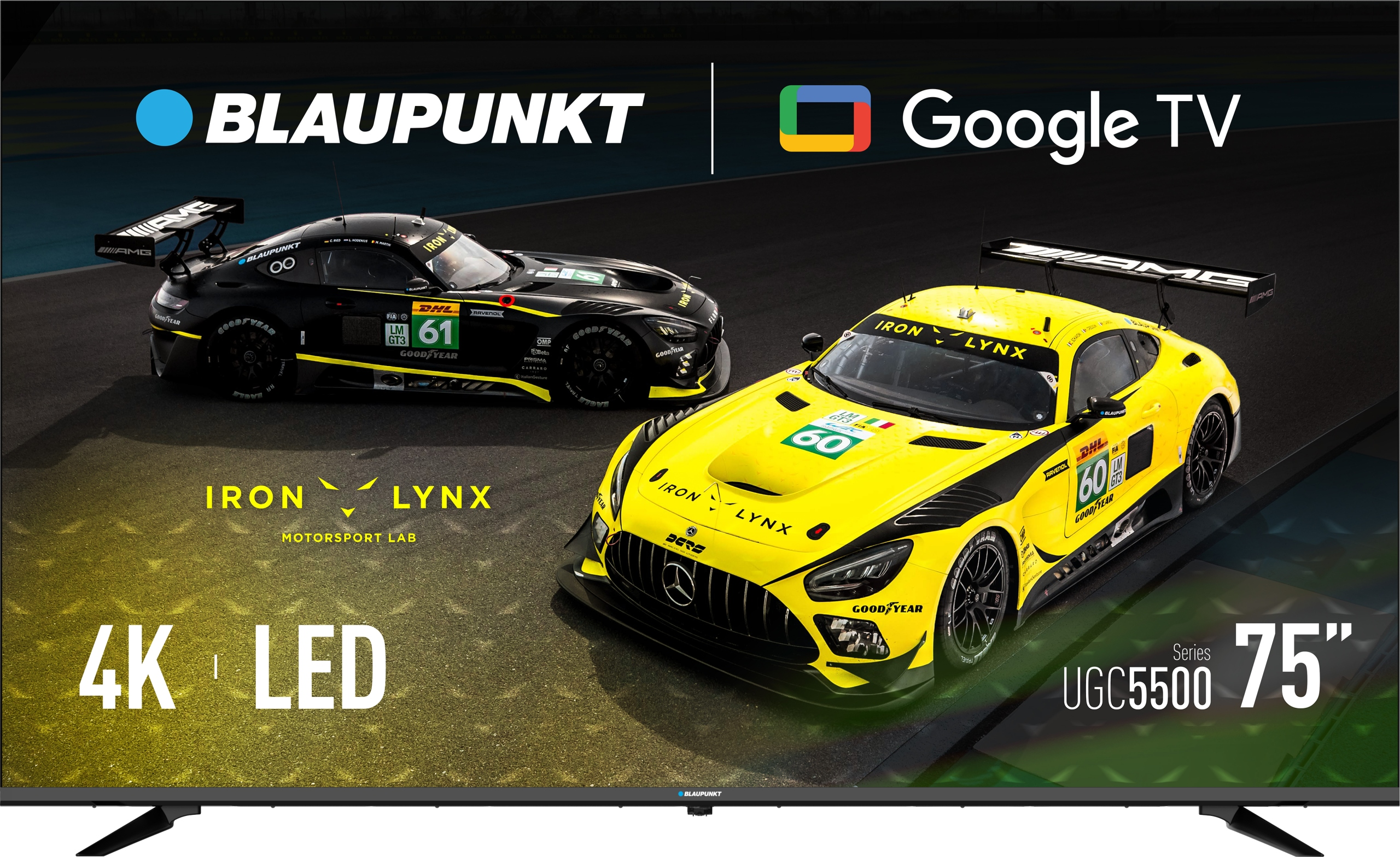 Telewizor Blaupunkt wyświetla dwa samochody wyścigowe, czarny i żółty, z marką Google TV oraz 4K LED, 75".
