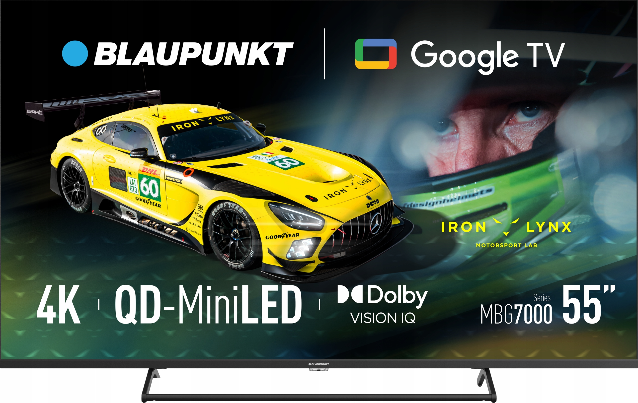 Żółty samochód wyścigowy z numerem 60 na ekranie telewizora. Ekran wyświetla logo Blaupunkt i Google TV.