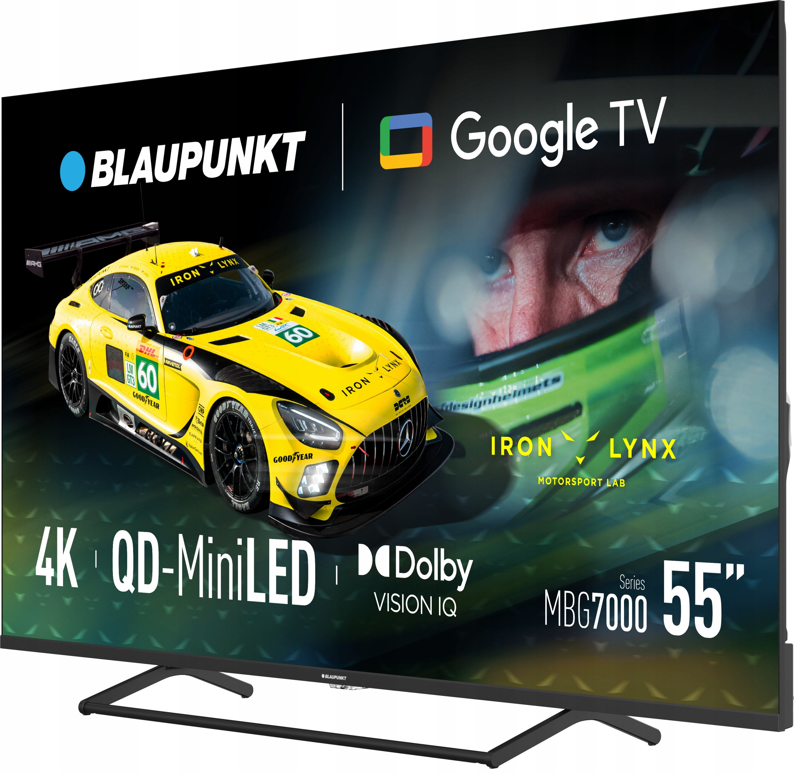 Żółty samochód wyścigowy na ekranie telewizora Blaupunkt. Telewizor jest czarny i ma markę Google TV.