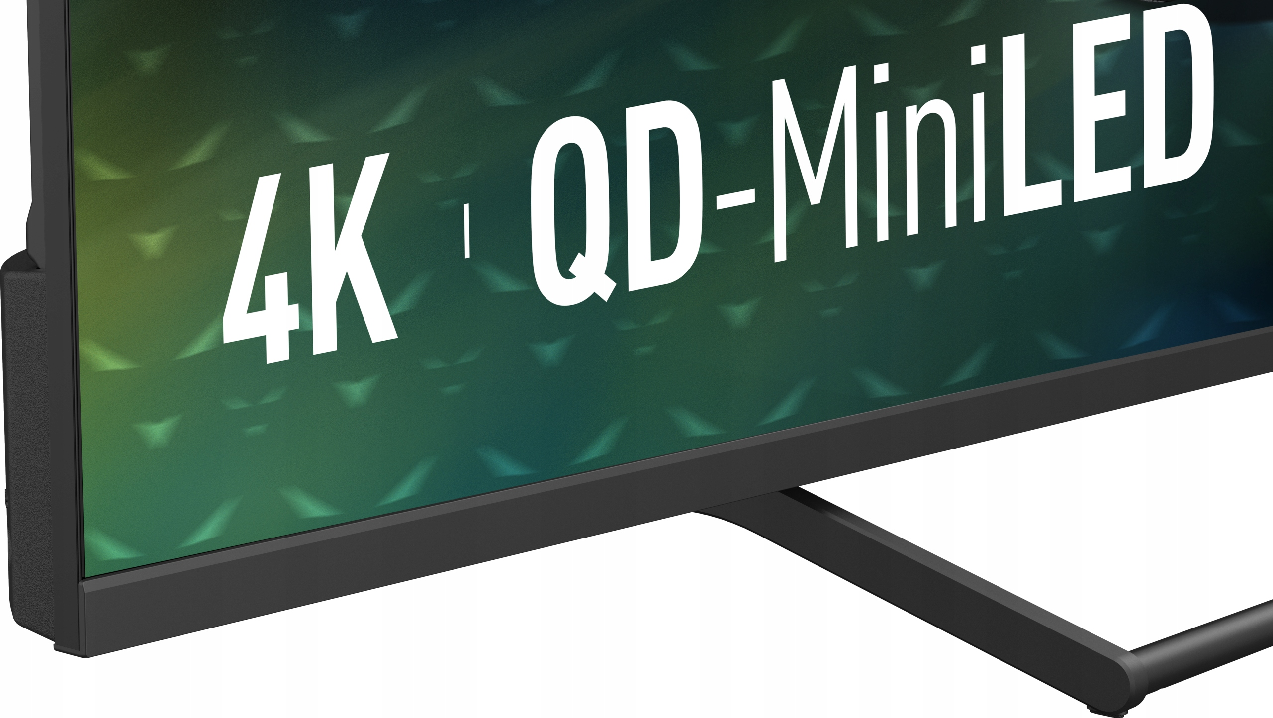 Zbliżenie czarnego telewizora z białymi słowami 4K QD-MiniLED. Ekran ma zielono-niebieski wzór.