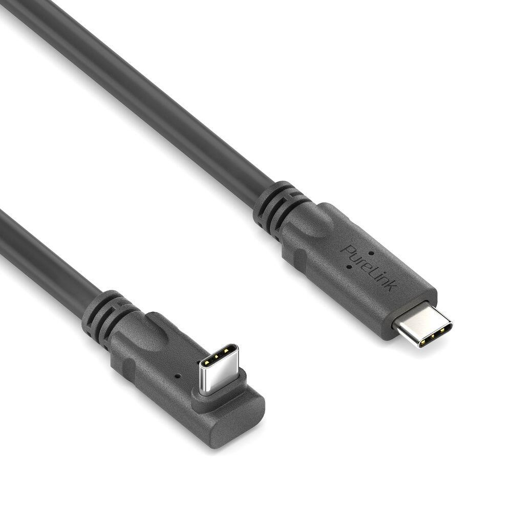 Un cavo USB-C grigio PureLink. Un'estremità è angolata, l'altra è dritta. Entrambe le estremità hanno connettori USB-C su sfondo bianco.