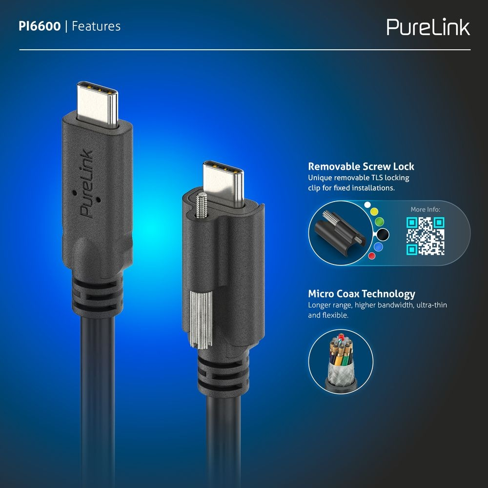 L'immagine mostra due cavi USB-C PureLink neri, con caratteristiche come il blocco a vite rimovibile e la tecnologia micro coax, su sfondo blu.
