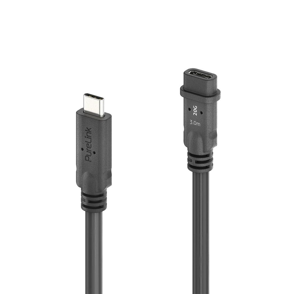 Zwei schwarze USB-C-Kabel, eines mit PureLink-Logo, das andere mit 20G- und 3,0m-Markierungen, beide vor weißem Hintergrund.