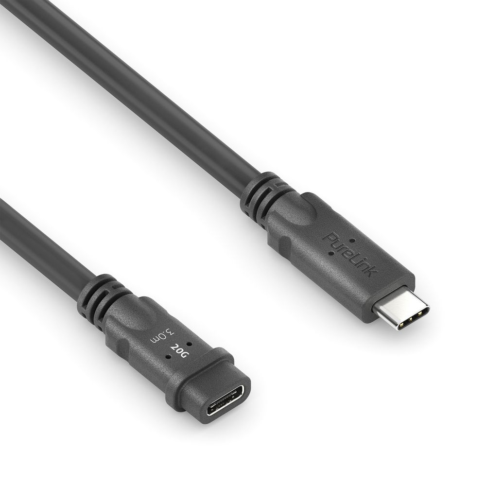 Ein schwarzes PureLink USB-C-Kabel liegt diagonal auf weißem Grund. An einem Ende steht PureLink. Am anderen Ende steht 3.0m 20G.