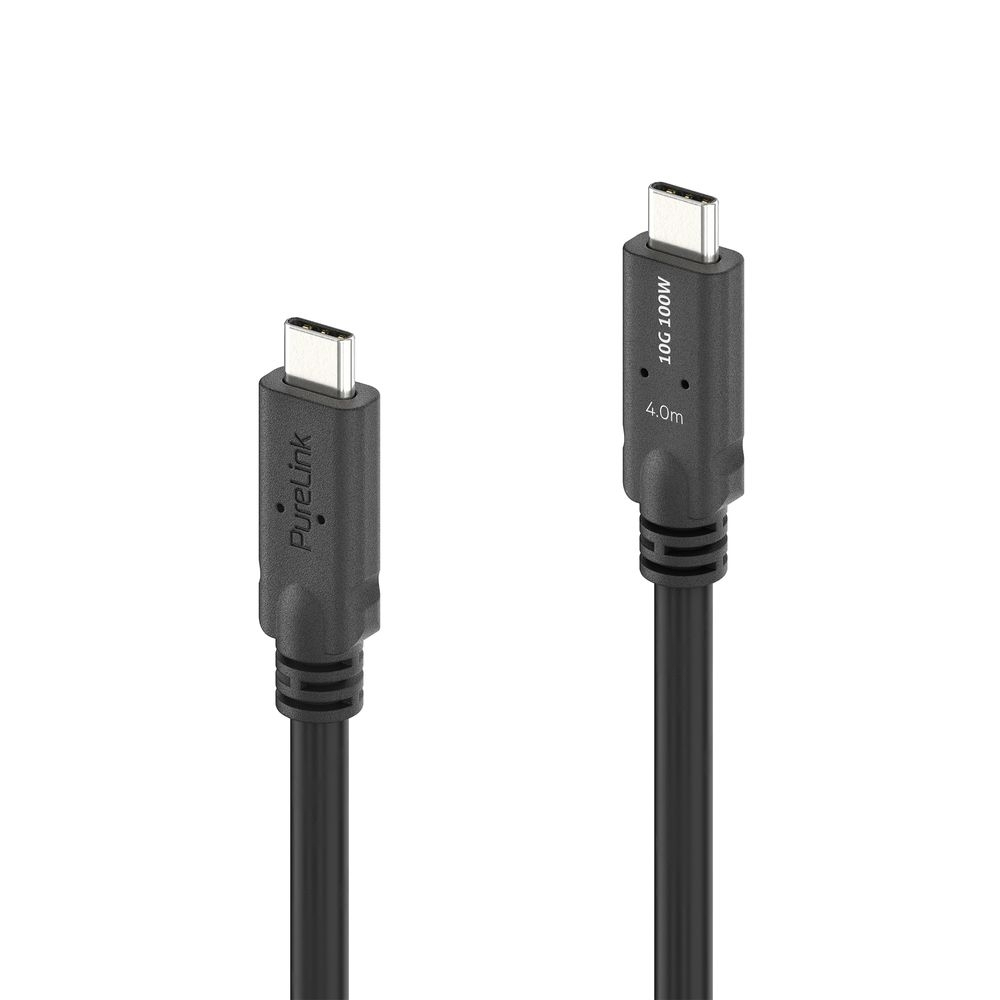Due cavi USB-C neri su sfondo bianco. Uno dice PureLink, l'altro dice 10C 100W 4.0m.