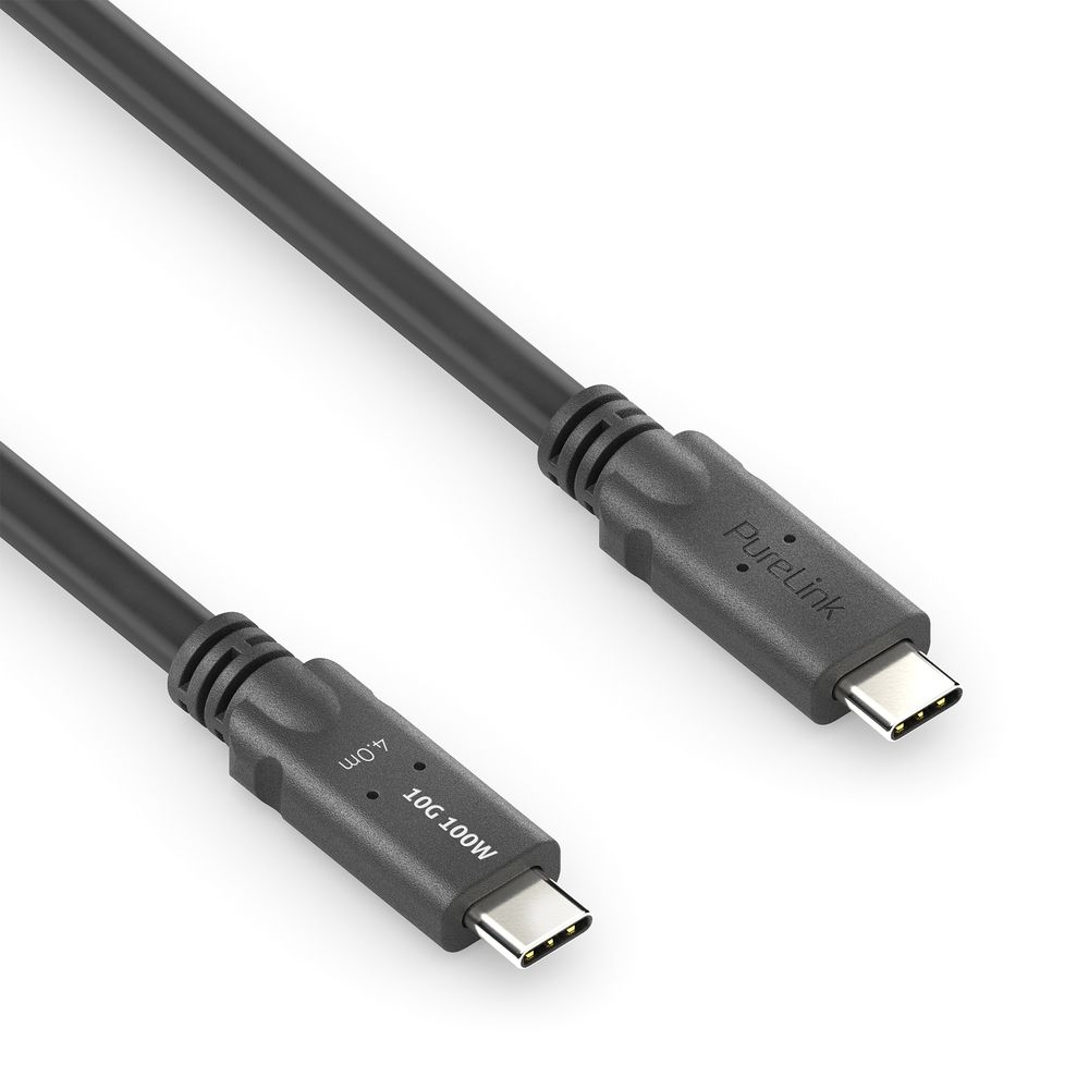 Un cavo USB-C PureLink nero su sfondo bianco. Un'estremità recita '4.0m 10G 100W', l'altra ha 'PureLink' stampato.